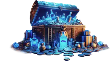 A treasure chest filled with coins and bottles of Vodka Gambling Platform, symbolizing the main tournament at Vodka Internet Casino.