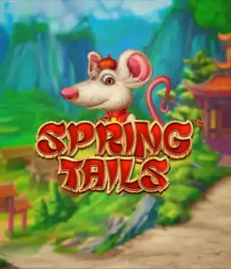 A charming illustration of a mouse wearing a red traditional Chinese outfit positioned in front of a scenic landscape with mountains. The image is for the Spring Tails Slot by Betsoft, showcased with prominent gold and red logo text.